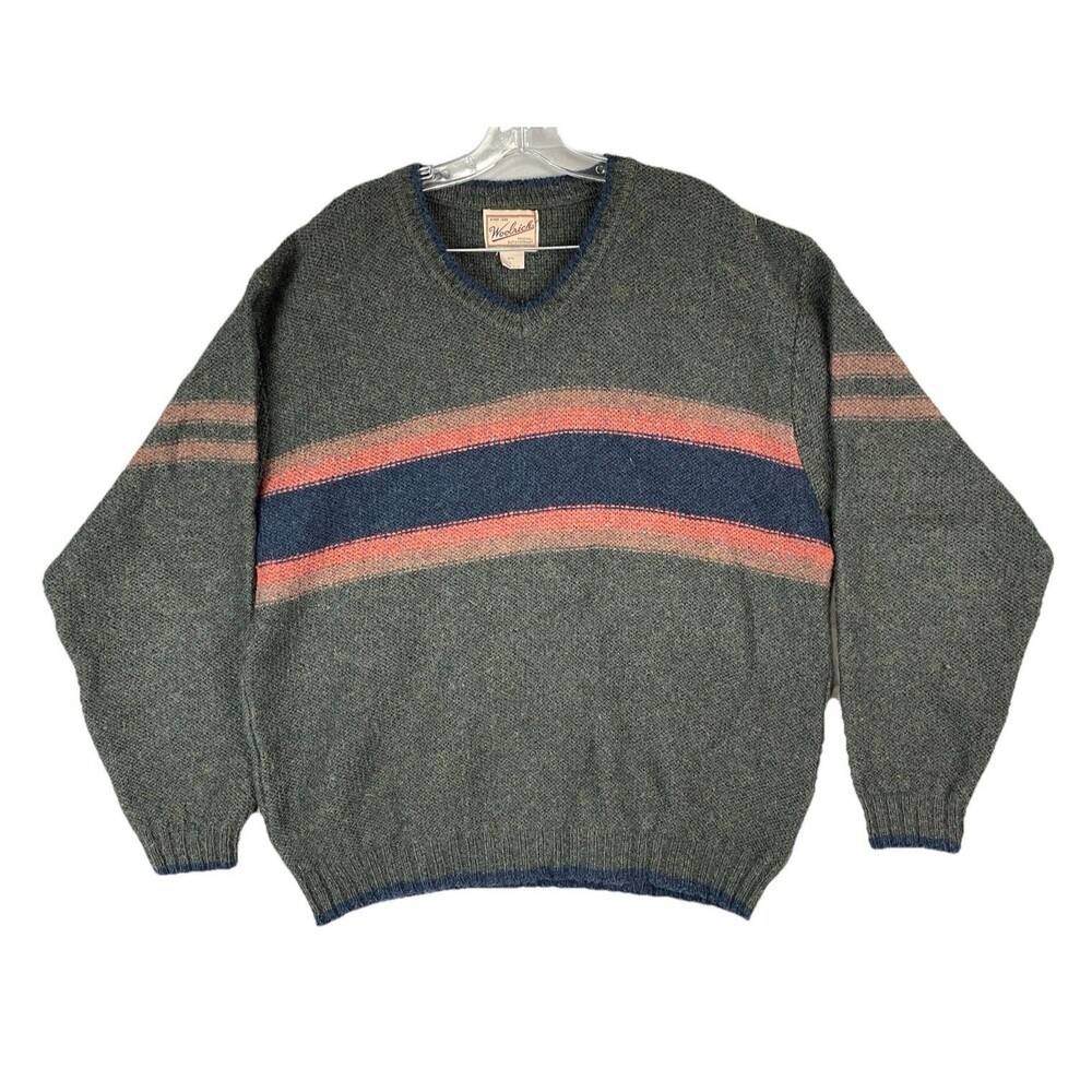 Vintage Woolrich Men L Sweater 90s USA Wool Stripe Knit Green Retro Cabincore